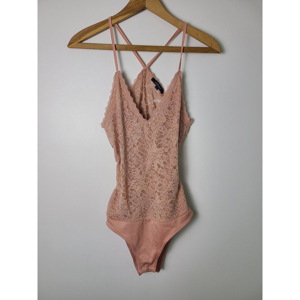 Ambiance Wm Med Pink Lace Bodysuit Open Back V-Neck Spaghetti Strap Crochet Boho